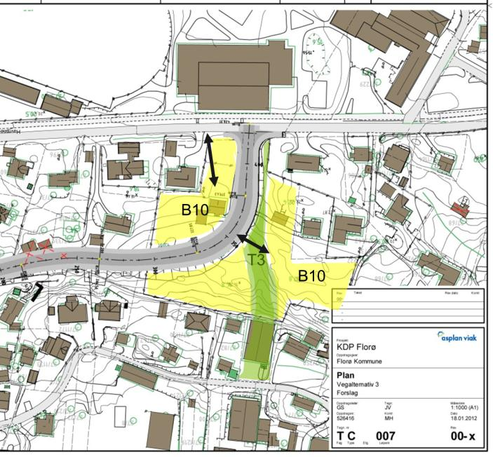 Potensiale for utbygging i B10: Uten ny fylkesveg over området er det i mulighetsstudiet for Stranda beregnet og vist muligheter for inntil 21 enheter i område B10.