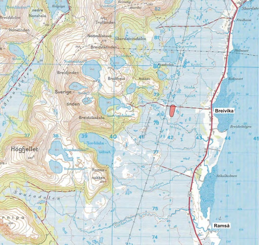 Figur 6. Fordelingen av områder med svart troktolitt ved Bleik og Breivika nær nordenden av Andøya (røde felter).