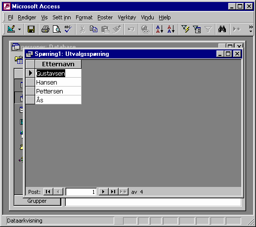 Figur 5: Å bruke SQL i Access. Trinn 4: Skriv inn Selectsetningen som vist her. Husk semikolon etter setningen. Trykk på det RØDE utropstegnet i verktøylinjen Figur 6: Å bruke SQL i Access.