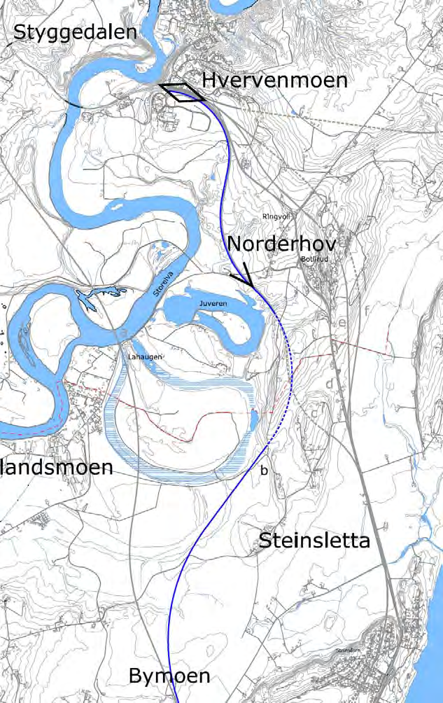 E16 Skaret Hønefoss. Planprogram for kommunedelplan med konsekvensutredning 29 Figur 8: Alternativ b på strekningen Bymoen - Hvervenmoen.