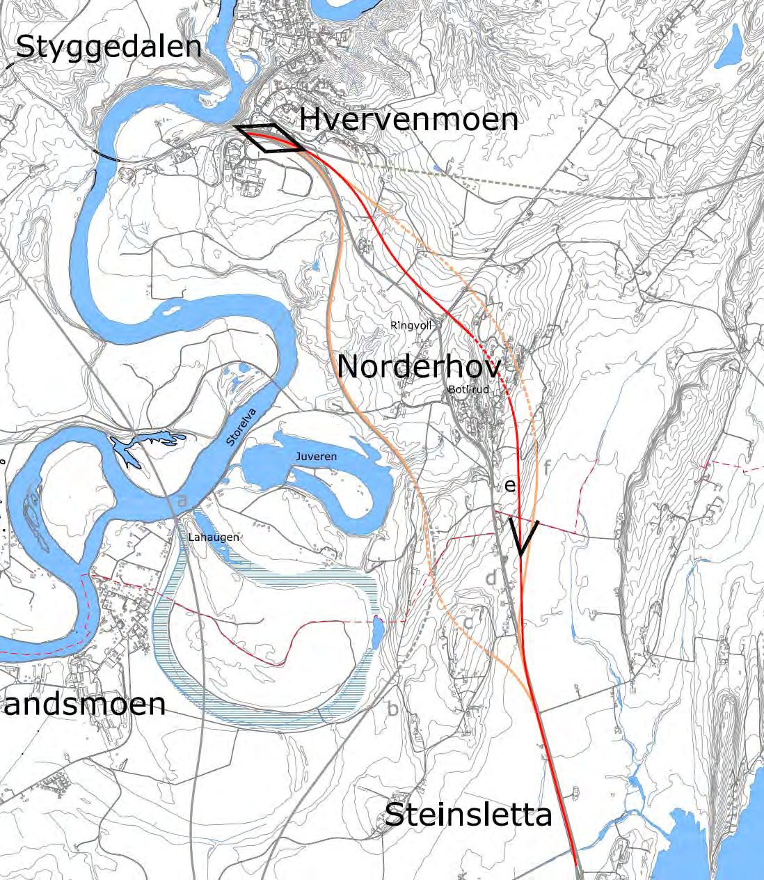 36 E16 Skaret Hønefoss. Planprogram for kommunedelplan med konsekvensutredning Alternativ e: Steinsletta Norderhov Hvervenmoen (Kort tunnel) Alternativ e følger dagens trasé over Steinsletta.
