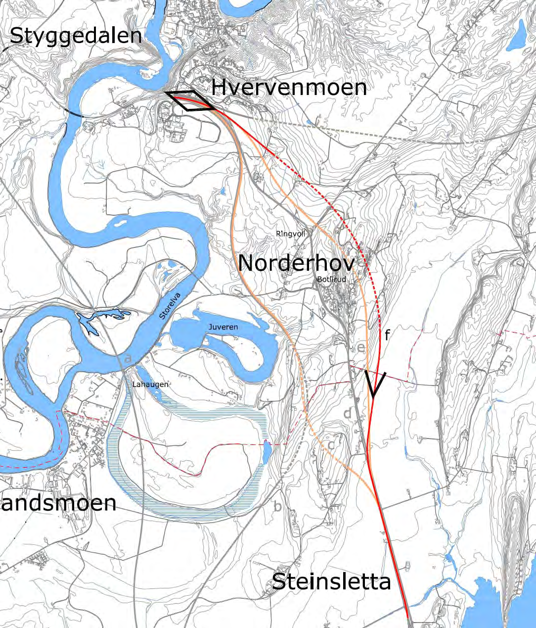 E16 Skaret Hønefoss. Planprogram for kommunedelplan med konsekvensutredning 37 Alternativ f: Stein Norderhov Hvervenmoen (lang tunnel) Alternativ f følger dagens trasé over Steinsletta.