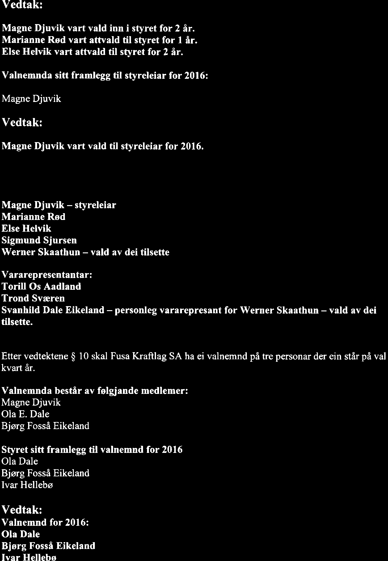 Magne Djuvik vart vald inn i styret for 2 ir. Marianne Rsd vart attvald til styret for I 6r. Else Helvik vart attvald til styret for 2 ir.