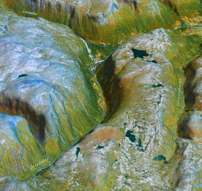 Digitale bilder på terrengmodell Flerbånds satellittbilder kan gi en fargemessig korrekt gjengivelse av vann, jordbruksområder, skog, snaufjell og snø/is, Resultatet kan legges oppå en terrengmodell