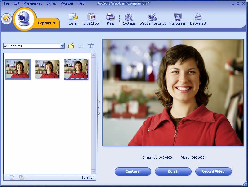 Ta et bilde 1 Trykk på Snapshot (Knipsbilde) -knappen på webkameraet for å åpne ArcSoft WebCam Companion.