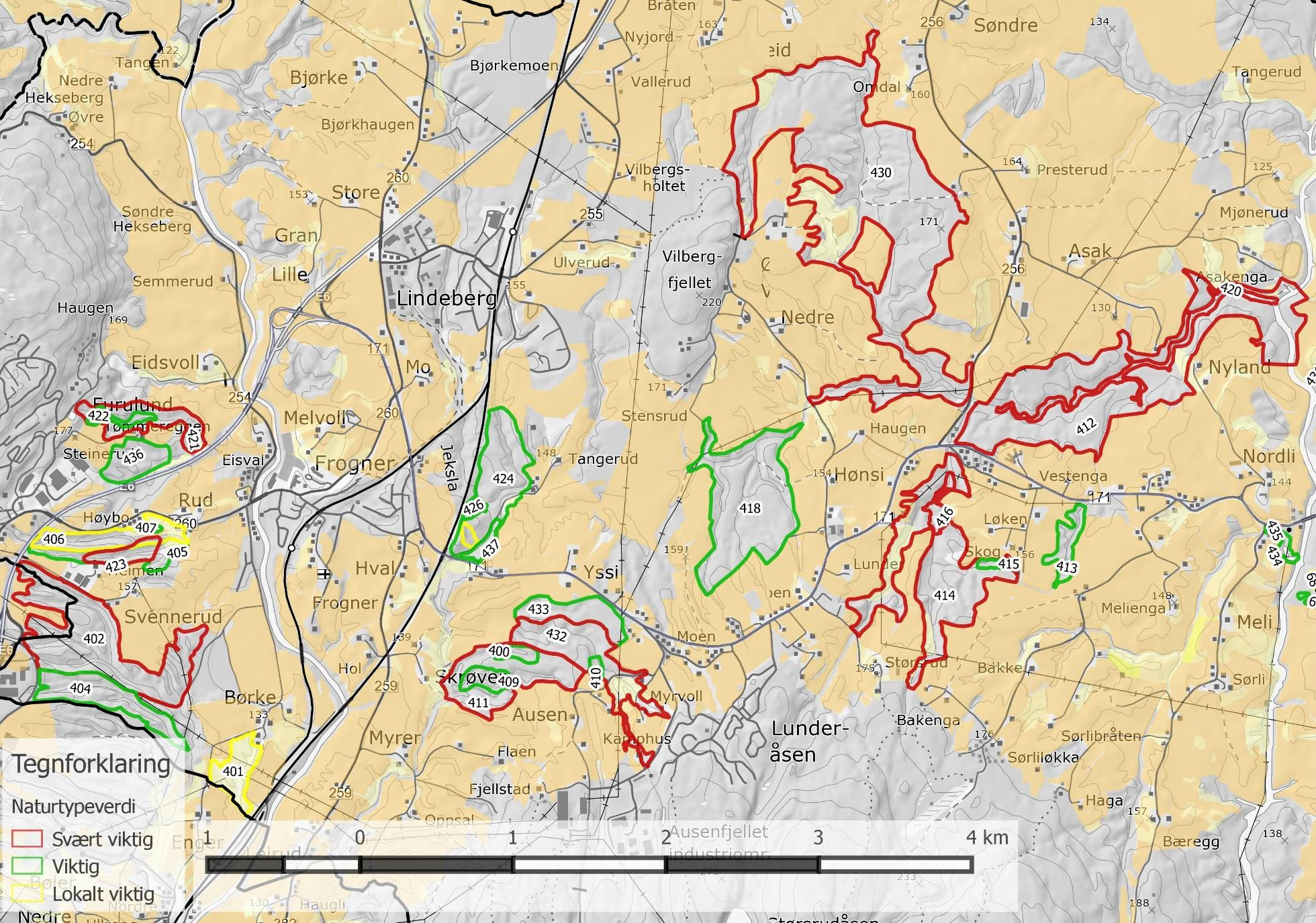 Figur 9. Oversiktskart over kartlagte naturtypelokaliteter i Sørum kommune 2014-15, vestre del.
