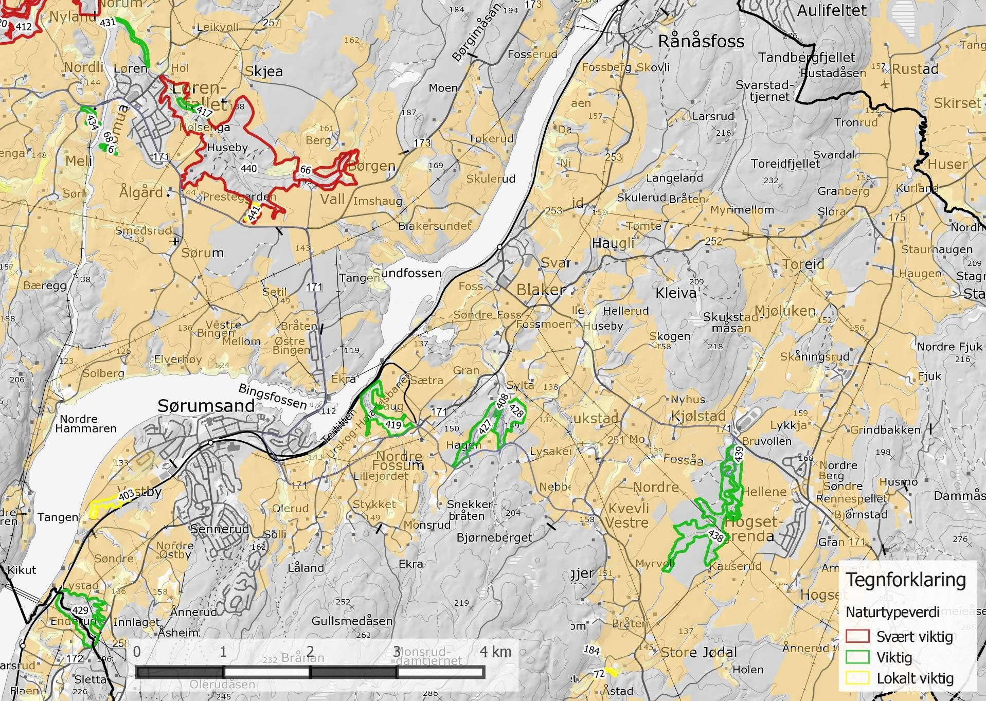 Figur 10. Oversiktskart over kartlagte naturtypelokaliteter i Sørum kommune 2014-15, sørøstre del.