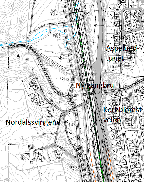 Alternativ adkomst til Nordalssvingene Alternativ adkomst via ny gangbru mellom Aspelundtunet og Kornblomst-veien uaktuell.