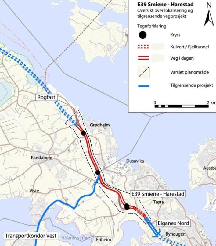Mellom Eiganes-tunnelen og Rogfast-tunnelen Europaveg og del av kyststamvegen mellom Trondheim og Stavanger.