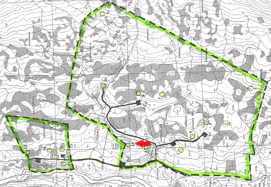 Beliggenhet Den omsøkte eiendommen ligger i Budalen, sør for Enodden. Figur 1 Oversiktskart over deler av Midtre Gauldal kommune. Området det søkes dispensasjon er vist med rød pil.