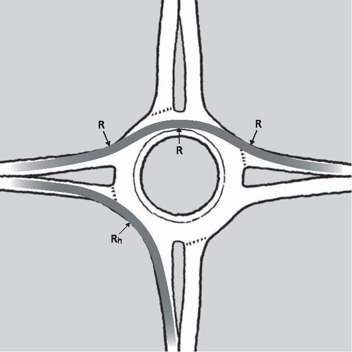 Figur C.24 viser prinsipp for avbøyning i rundkjøringer. Figur C.