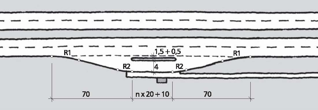 Figur C.37: Busslomme med refuge (mål i m) Busslomme med refuge bør ha 4 m bredde av driftshensyn.