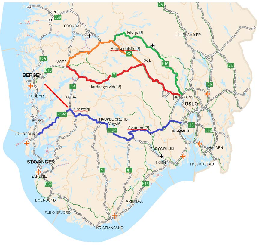 Figur 1: Kart over eksisterende forbindelser i Sør-Norge med rv. 7, rv. 52, E16 og E134 med illustrasjon av arm til Bergen uthevet Figur 1 viser eksisterende forbindelser i Sør-Norge, med E134, rv.