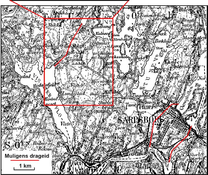 Tormod Klemsdal NATUR I ØSTFOLD 26(1-2) 2007 Fig. 1. Utsnitt av Rektangelkartet Sarpsborg, utgitt i 1905, revidert i 1932.