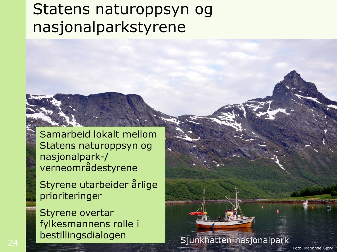Bildet viser Sjunkhatten nasjonalpark i Nordland, som ble opprettet i 2010. Forvaltningstiltak iverksettes i samsvar med vedtatte forvaltningsplaner/skjøtselsplaner.