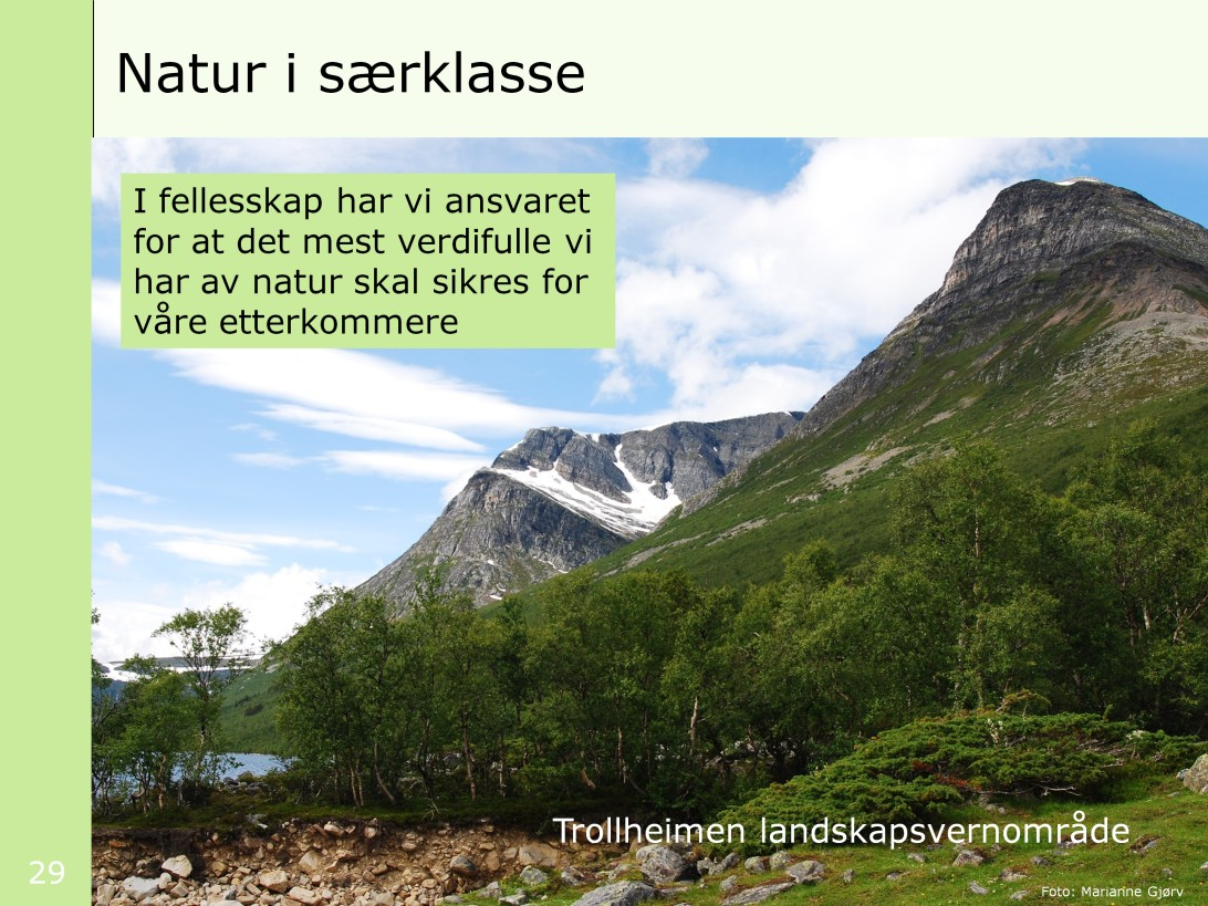 Bildet viser Trollheimen landskapsvernområde i Sør-Trøndelag. I fellesskap har vi ansvaret for at det mest verdifulle vi har av natur skal sikres for våre etterkommere.