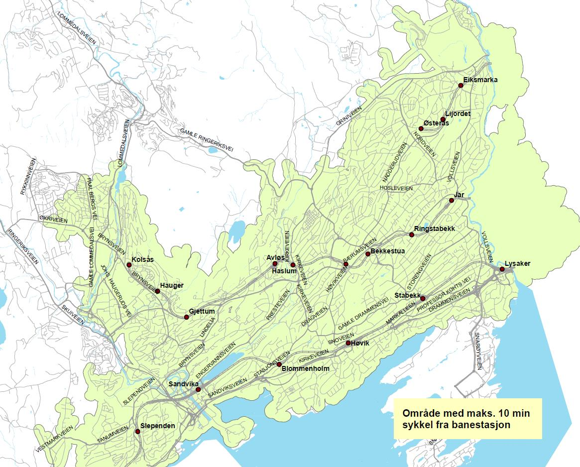 Kartet viser områder med maks 10 min sykkel fra banestasjon. Atp-analysen og kartet er utarbeidet av Statens vegvesen Region Sør. Bærum kommune har en vedtatt sykkelstrategi fra 2011.