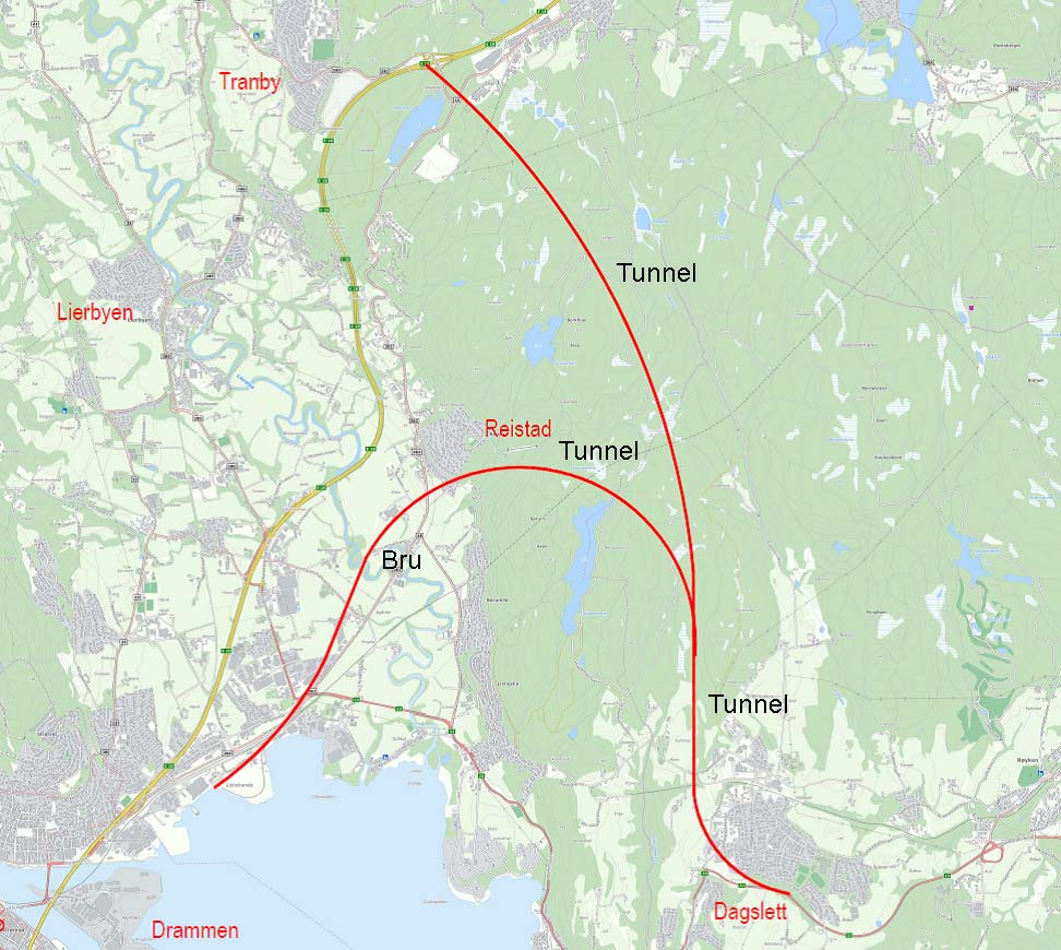 5.2 Korridorer utenfor planområdet Innspill Begrunnelse Oversikt Gjellebekk v/liertoppen og Dette forslaget innebærer store kostnader knyttet til lang trasé og to lange tunneler.