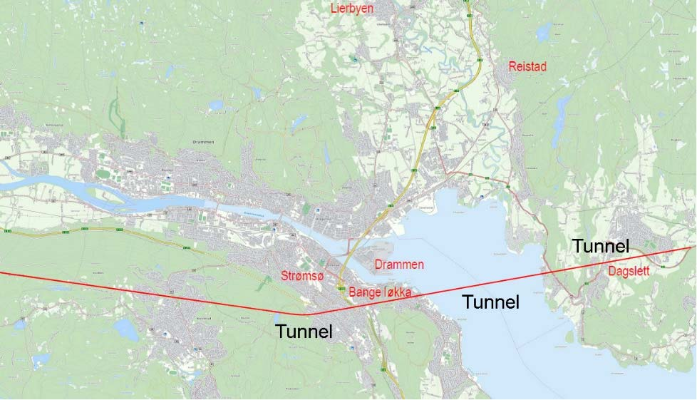 Innspill Begrunnelse Oversikt Tunnel Dagslett Bangeløkka Strømsåsen: Dette forslaget innebærer en økning av kostnader bl.a. pga. lang, undersjøisk tunnel.