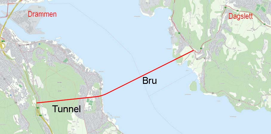 Innspill Begrunnelse Oversikt Bru over Drammensfjorden Løsningen er i konflikt med målsetting for pågående prosjekt Dagslett-Linnes.