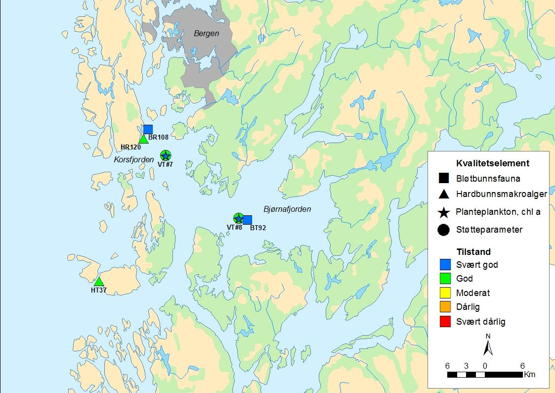 Kart 1. Kart som viser plassering av stasjonen innen ØKOKYST-Hordaland og tilstandsklassen for de ulike biologiske kvalitetselementene basert på data innhentet i 2013.