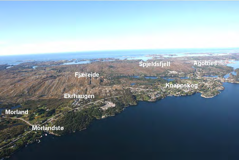 5 DAGENS SITUASJON 5.1 Lyngheier, bustader og industri Planområdet er i hovudsak spreidd utbygd med nokre meir tette bustadfelt særleg langs sjøen på Knappskog, Spjeld og Ågotnes.