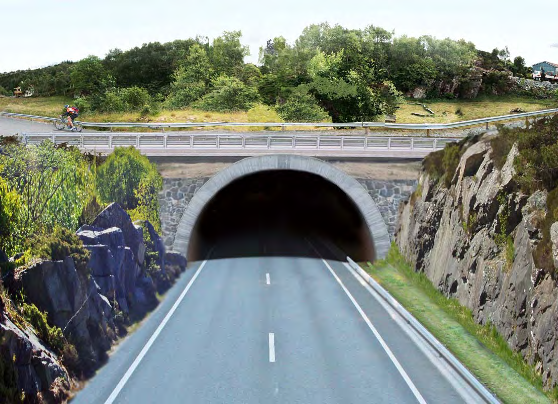 Figur 6.6.8b: Illustrasjon av mogleg utforming av miljøtunnel på alternativ S2 ved Morland(ill. Norconsult AS) Fjæreidevegen er planlagt å gå i ein kulvert under ny veg.