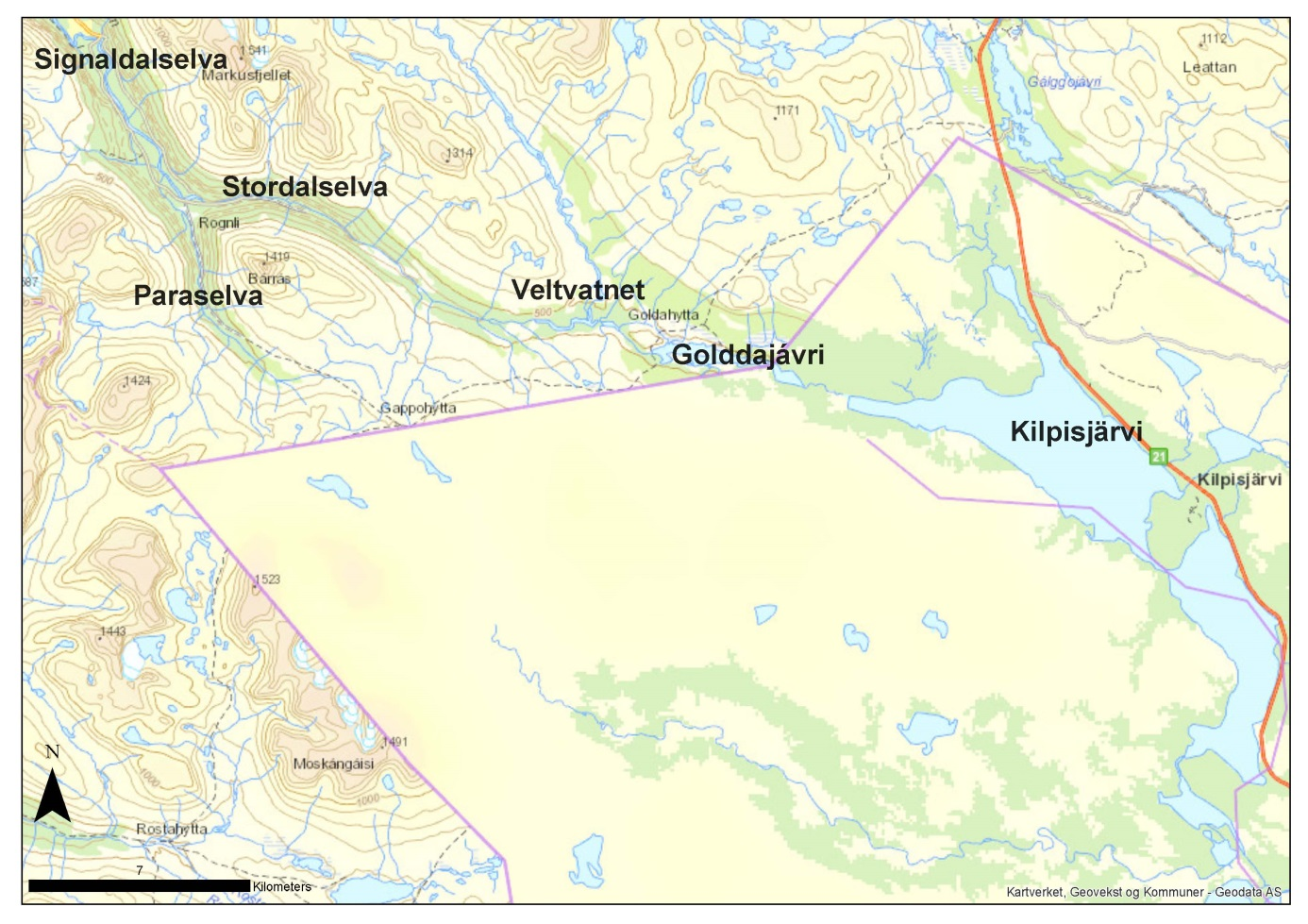 Figur 6: Øvre deler av Signaldalselva (Stordalselva) med vatn/innsjøer som tidligere er undersøkt for smitte av G. salaris. Balsfjordelva Det ble påvist G.