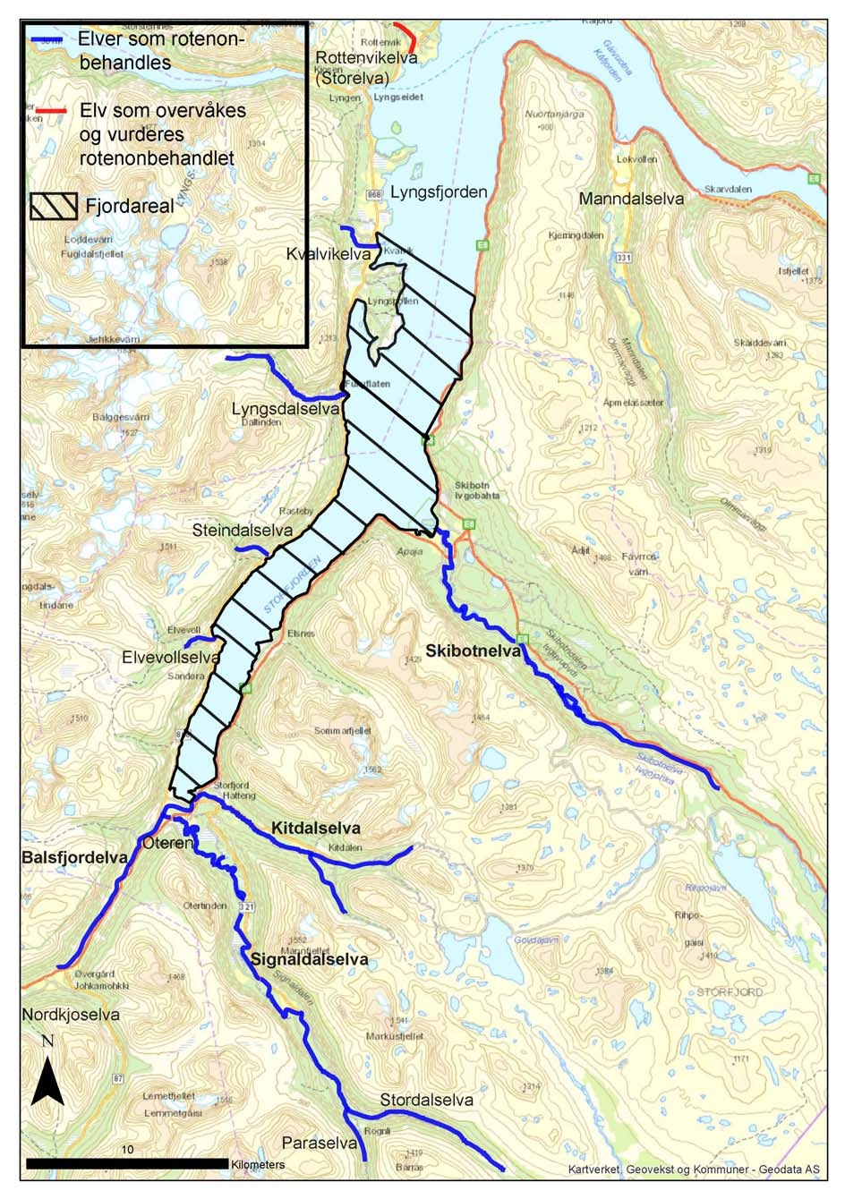 Figur 1: Oversikt over Skibotnregionen, med smittestatus for elvene.