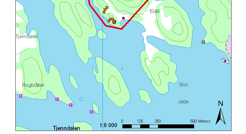 Fig. 3 Detaljkart over tidligere registrerte funn utfor Eie, med gravminner og steinalderboplass på nesene ved Rugbråten og bygdeborgen lengst til høyre på kartet.