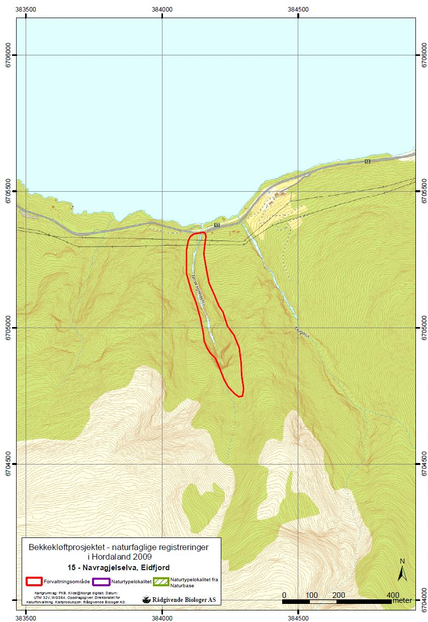 Figur 2. Kart som viser avgrenset forvaltningsområde for Navragjelselva (lok. 15).