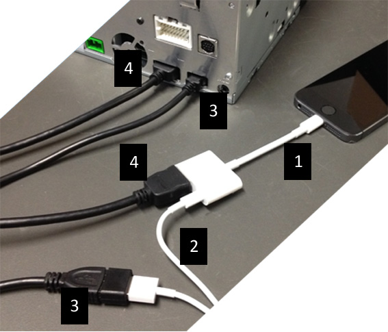 2. Apple-enheter (iphone 5/5c/5s) Merknader: Lightning Digital AV-adapteren selges ikke av Clarion. Clarion CCA770 HDMI-kabelen (type A til type A) selges separat.