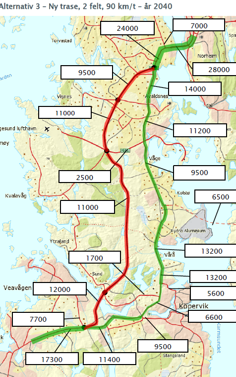 Trafikk i forskjellige alternativer (2040) 4 felt i dagens trase, 60 km/t, rundkjøringer 2