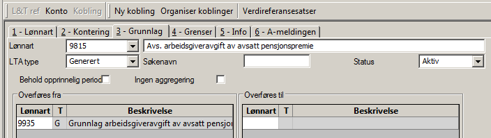 Etter at desember lønn er kjørt og de nye lønnartene er definert, kan men legge inn korreksjonsposter som variable lønnstransaksjoner. 1. Beregn differansen mellom avsatt premie og betalt premie, f.