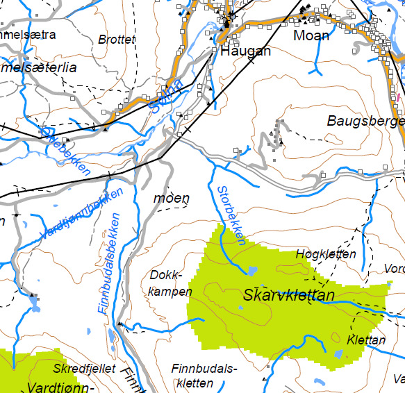 planforslaget. Uttaket er markert med rød stjerne. INON områder er vist med grønt.