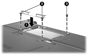 3. Vipp harddisken ned til den sitter på plass (2). 4. Sett på braketten som holder harddisken på plass (1). 5.