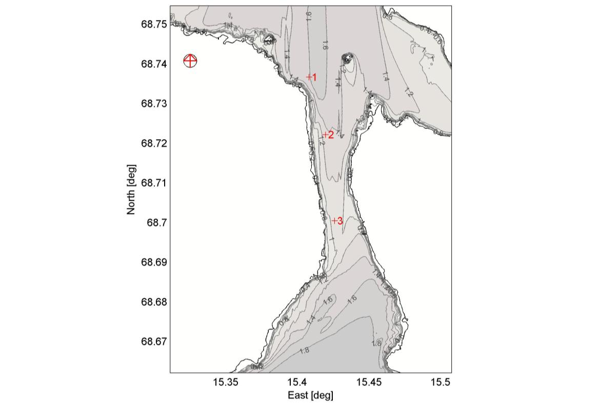 Bølgeforhold Figur 10 Signifikant bølgehøyde for området rundt Ånstadsjøen, Sortland vist som koter. Kartet oppsummerer resultater for vindhastighet 20 m/s fra 8 retninger.