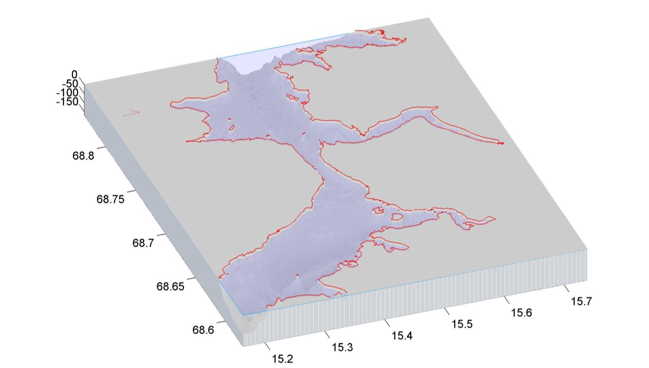 Bølgeforhold Figur 3 3D bunnmodell av hele Sortlandfjorden og Sørøysundet (x-akse og y-akse i geografiske koordinater, z-akse i meter).