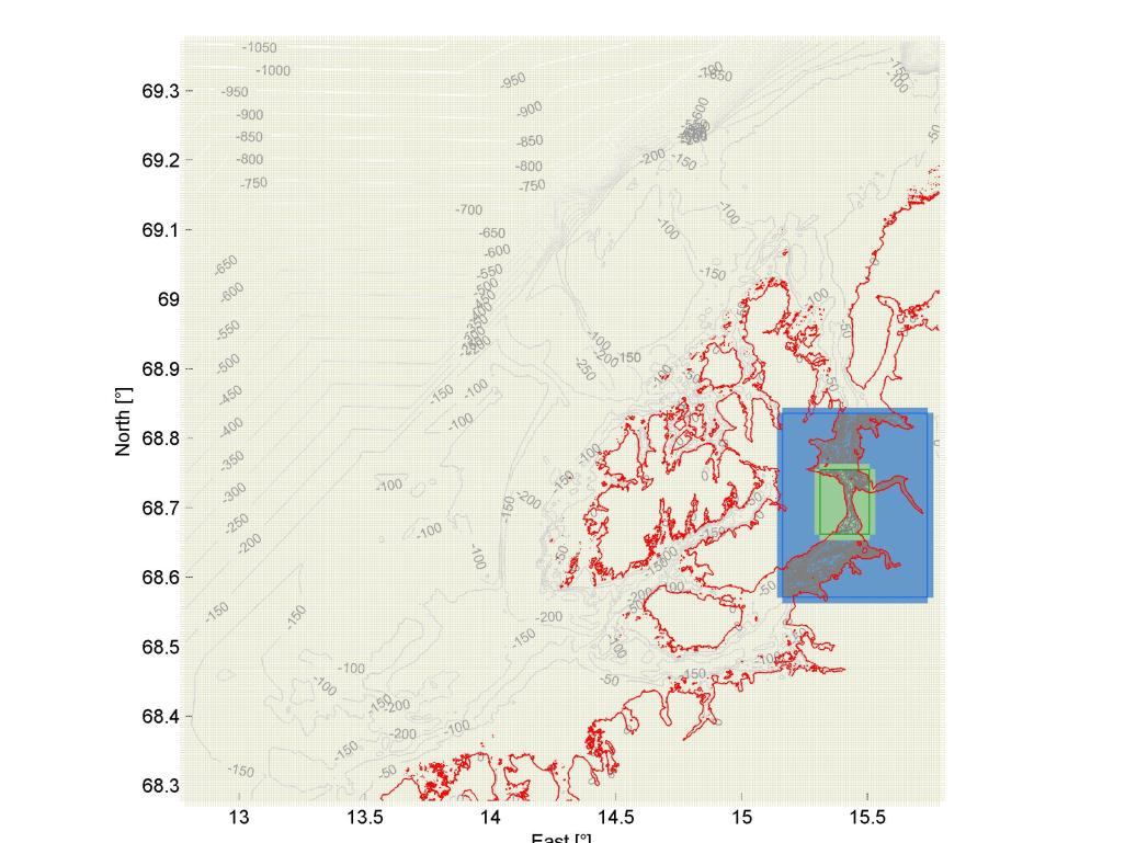 Bølgeforhold Figur 5 3D bunnmodell av nærområdet rundt Ånstadsjøen, Sortland. X-akse og y-akse er i grader (geografiske koordinater), z-akse i meter.