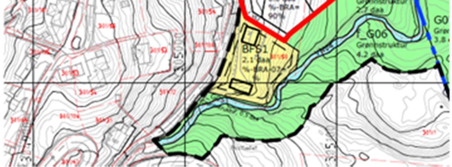 Geologisk rapport for områdeplan 6 av 26 Figur 7: Vurderingsområde 1 er innenfor den røde markeringen. Risikotolkning: Risikoen for steinsprang fra skrenten ovenfor Sveiarvegen er liten.