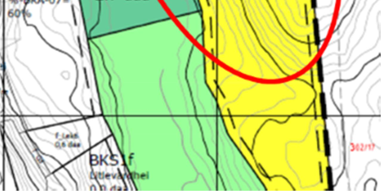 Geologisk rapport for områdeplan 13 av 26 Figur 11: Vurderingsområde 5 er markert med rød ring. Risikotolkning: Hovedsprekkesettene gir en god stabilitet i skråningen.