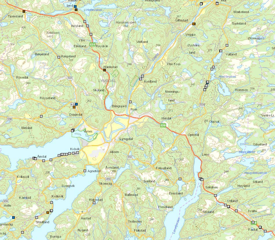 Kommunedelplan E39 Vigeland-Lyngdal vest. Fagrapport ingeniørgeologi 25 3.7 Skred Tidligere skredhendelser i området basert på skredhendelsesdatabasen i skrednett er vist i Figur 11.