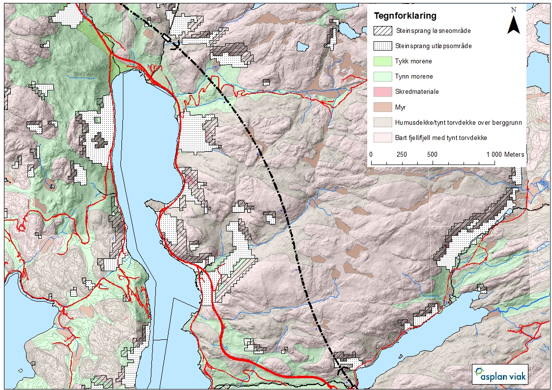 Kommunedelplan E39 Vigeland-Lyngdal vest. Fagrapport ingeniørgeologi 31 Figur 16 Kart av påhoggsområdet ved Osestadvann.