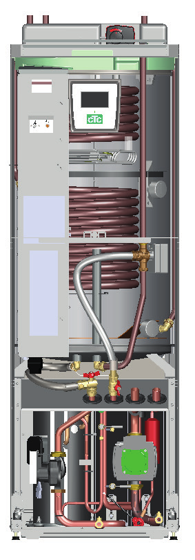 2. CTC EcoHeat 400 konstruksjon Bildet nedenfor viser varmepumpens prinsipielle oppbygning. Energien i fjellet eller jorden hentes ut av kjølesystemet.