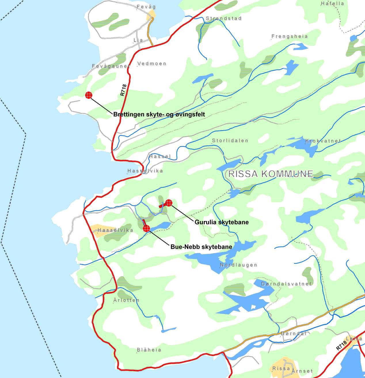 1 INNLEDNING 1.1 Områdebeskrivelse Gurulia og Bue-Nebb skyte- og øvingsfelt ligger ca 2 km sørøst for Hasselvika i Rissa kommune i Sør- Trøndelag fylke (figur 1.1). Figur 1.1. Oversiktskart med lokalisering av Gurulia og Bue-Nebb skytebaner.