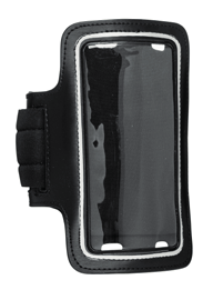 Mobilholder Polyester. Elastisk armbelte med lomme til mobiltelefonen. Lommen har et gjennomsiktig vindu som beskytter telefonen, samtidig som den muliggjør bruk av telefonen fra utsiden.