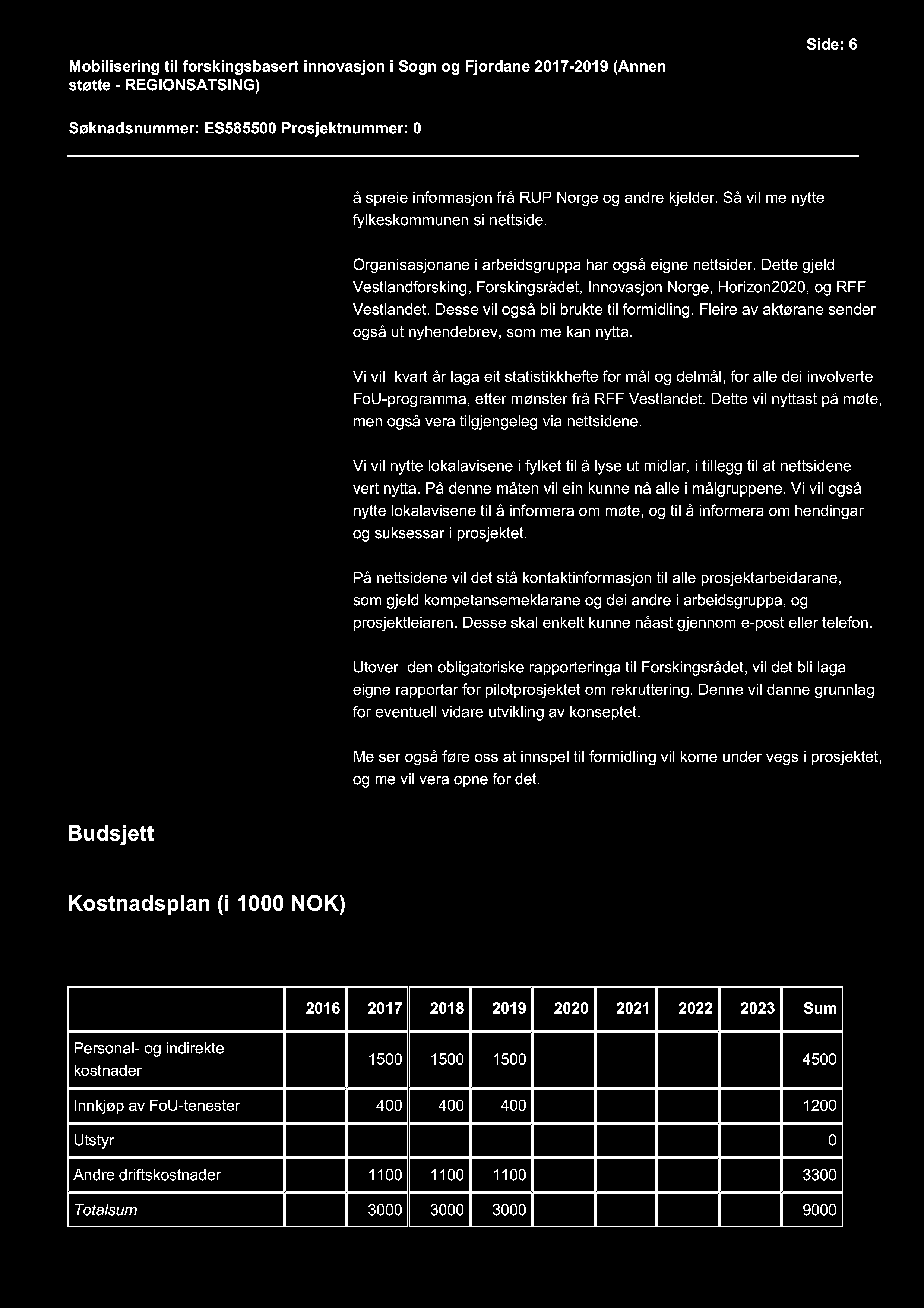 Mobilisering til forskingsbasert innovasjon i Sogn og Fjordane 2017-2019 ( Annen støtte - REGIONSATSING ) Side: 6 Søknadsnummer: ES585500 Prosjektnummer: 0 å spreie informasjon frå RUP Norge og andre