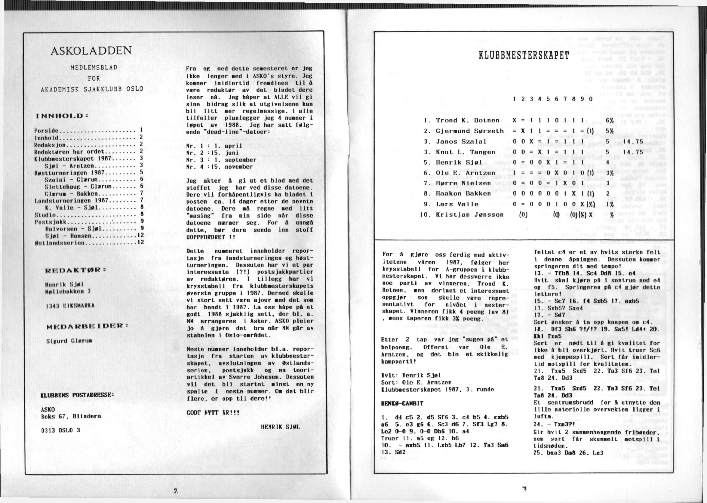 ASKOLADDEN MEDLEMSBLAD FOR AKADEMISK SJAKKLUBB OSLO I NNIIOI.