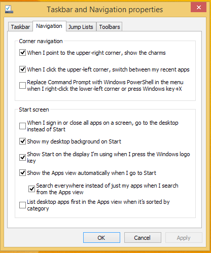 Tilpasse Startskjermen I Windows 8.1 kan du tilpasse startskjermen slik at du kan starte direkte på Skrivebordmodus og tilpasse organiseringen av appene på skjermen.