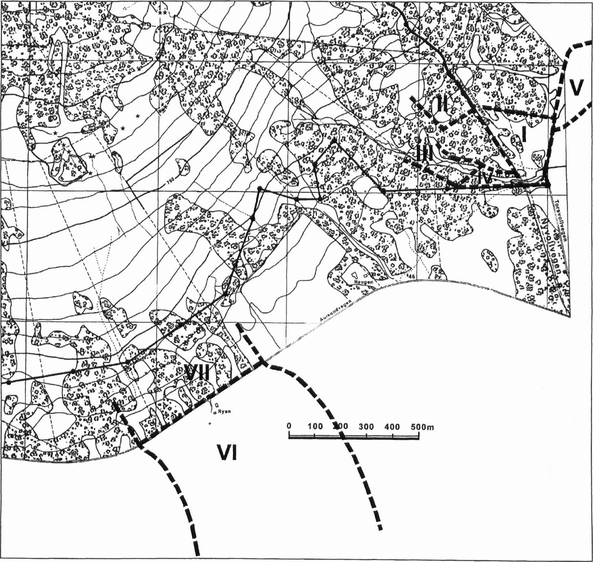 b. Områda utanfor reservatgrensa (V-VII). V. Aust for Torsvollvegen VI. Sør for Ryan Vil.